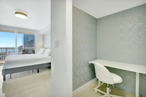 1 bedroom, desk, iron/ironing board, travel cot