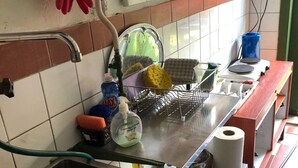 Una cocina con un lavamanos de acero inoxidable, un escurreplatos con productos de limpieza y una estantería con utensilios de cocina.