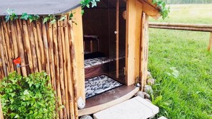 Una estructura de madera con techo inclinado y una puerta que da al interior.