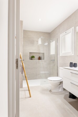 Shower, hair dryer, towels