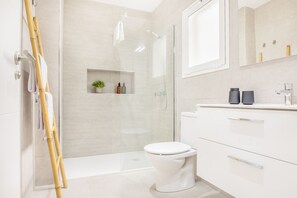 Shower, hair dryer, towels