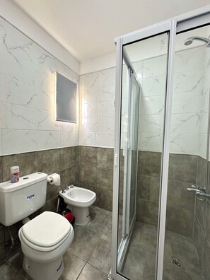 Shower, hair dryer, bidet, towels