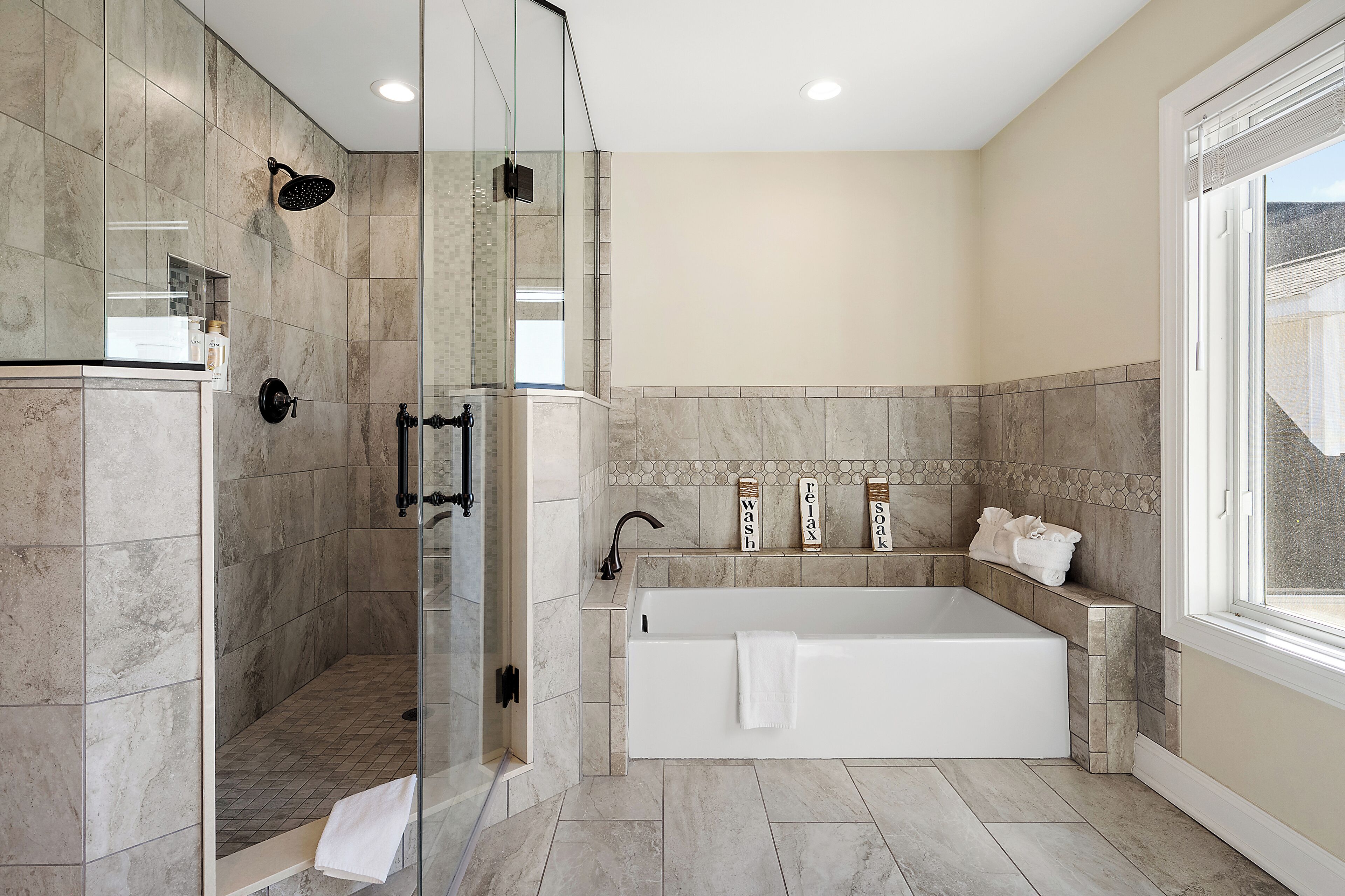 Shower, towels, soap, toilet paper