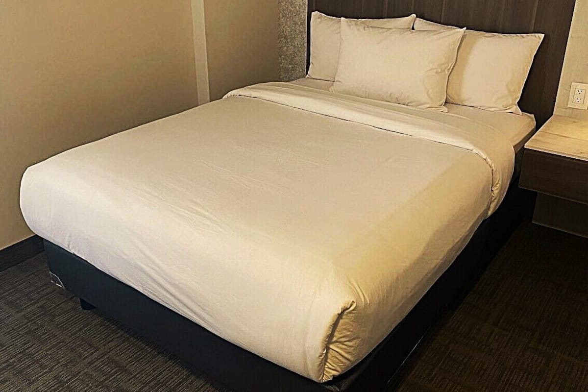 Een hotelkamer met een groot bed, een donker hoofdeinde en een nachtkastje met een lamp.