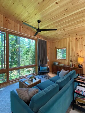 Cheminée, livres, chaîne hi-fi