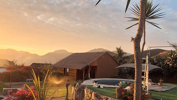 Un jardín ajardinado con una palmera, una piscina y un edificio de techo inclinado.