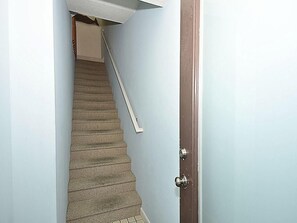 A carpeted staircase with a handrail, leading to a door with a silver handle.