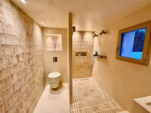 Shower, hair dryer, towels, soap