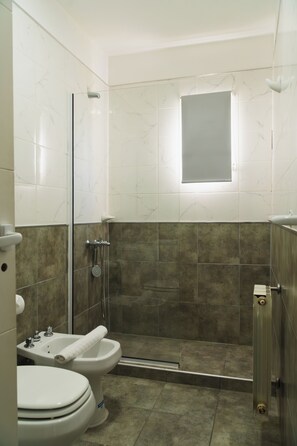 Een douche, een haardroger, een bidet, handdoeken