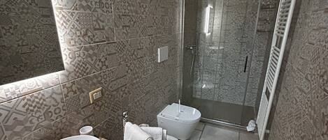 Shower, hair dryer, bidet, towels