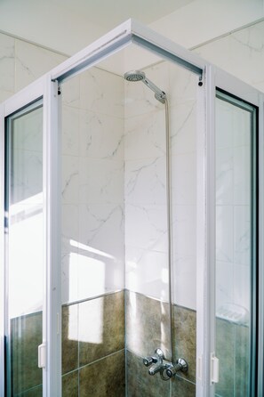 Shower, hair dryer, bidet, towels