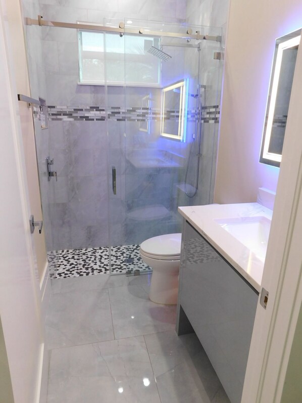 A modern bathroom with a glass-enclosed shower, a toilet, and a vanity with a mirror. - Charming Home Waterfront and Pool. (Naples)