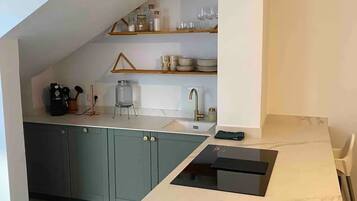 Frigorífico, microondas, horno y placa de cocina