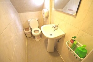 Kylpyhuone, jossa on wc, pesuallas ja hylly, jossa on hygieniatuotteita.