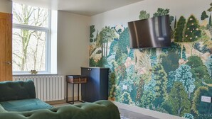 Une pièce avec un canapé vert, un téléviseur fixé au mur, un radiateur, une fenêtre donnant sur des arbres et un tapis à motifs.