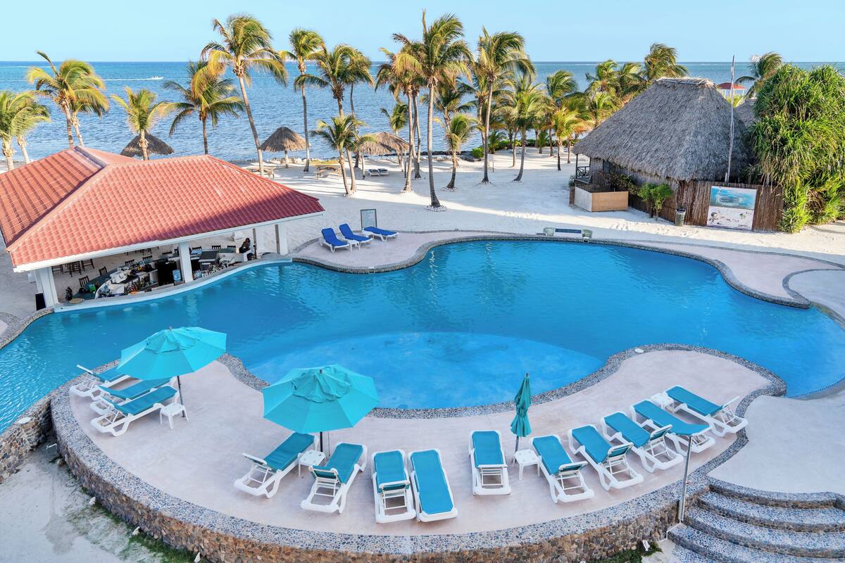 A pool area with lounge chairs and umbrellas, a bar, and a thatched-roof hut, surrounded by palm trees and the ocean.
