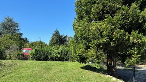 A grassy area with a red vehicle partially obscured by trees. - Vacation home with Lilienstein view (Struppen)