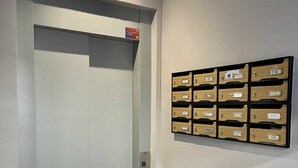 A hallway with a white door, a wall-mounted mailbox, and a checkered floor. - Zabella Central Market (Zaragoza)