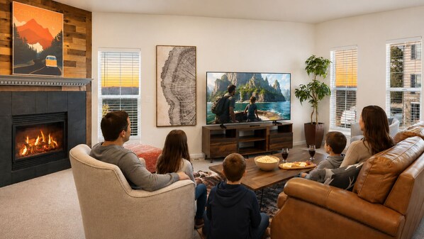 Smart TV, fireplace, video games, books