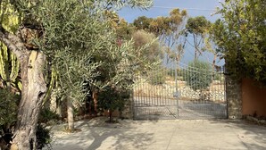 A gated area with a concrete pathway, surrounded by trees and a stone wall.