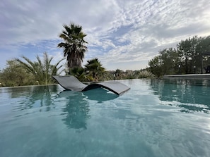 Una piscina infinita con una vista despejada del cielo y palmeras al fondo.