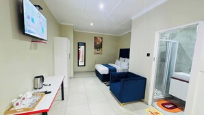 Habitación de hotel con cama, escritorio con bandeja de objetos, televisión, zona de ducha y puerta con espejo.