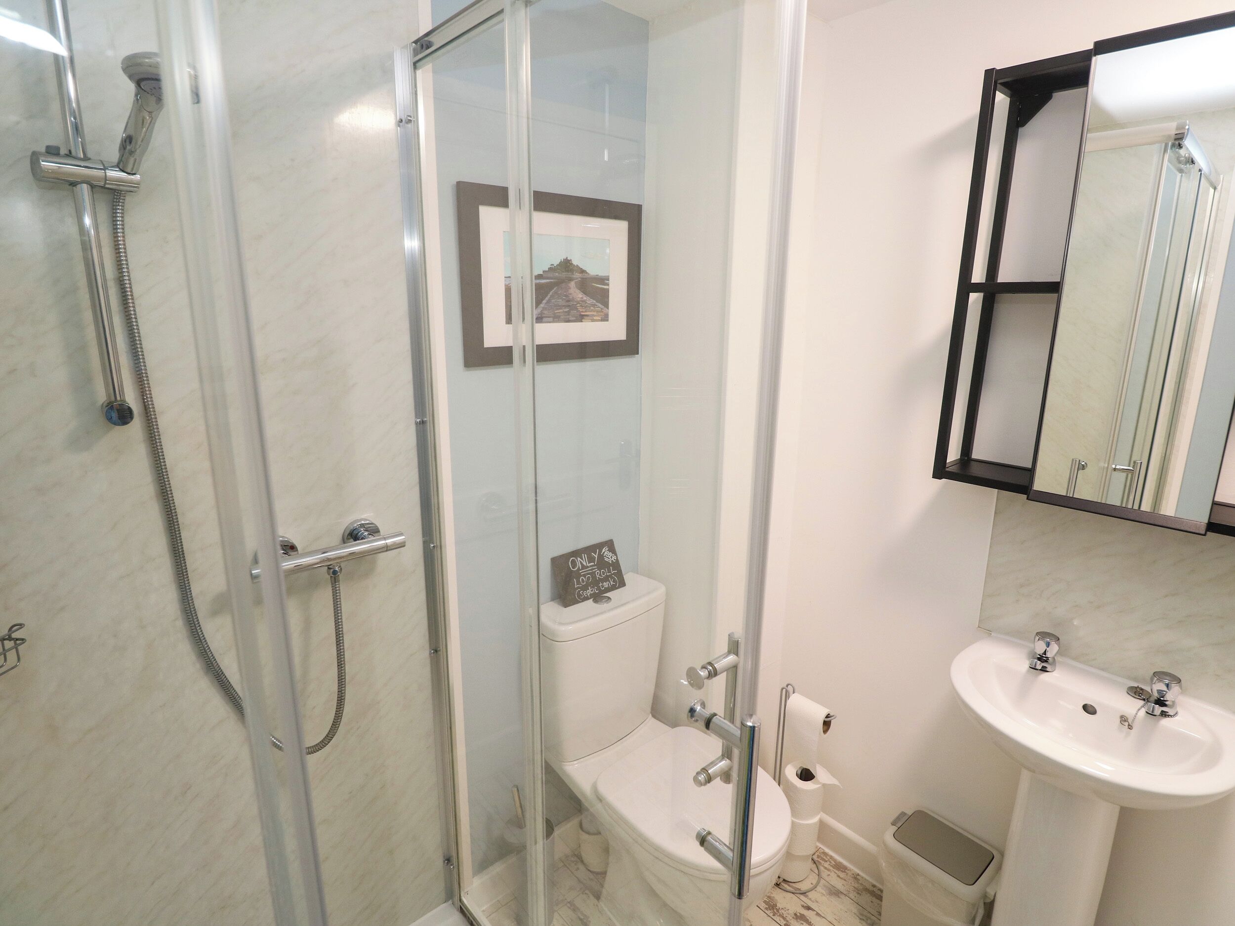 A bathroom with a glass-enclosed shower, a toilet, a sink, and a framed picture on the wall.