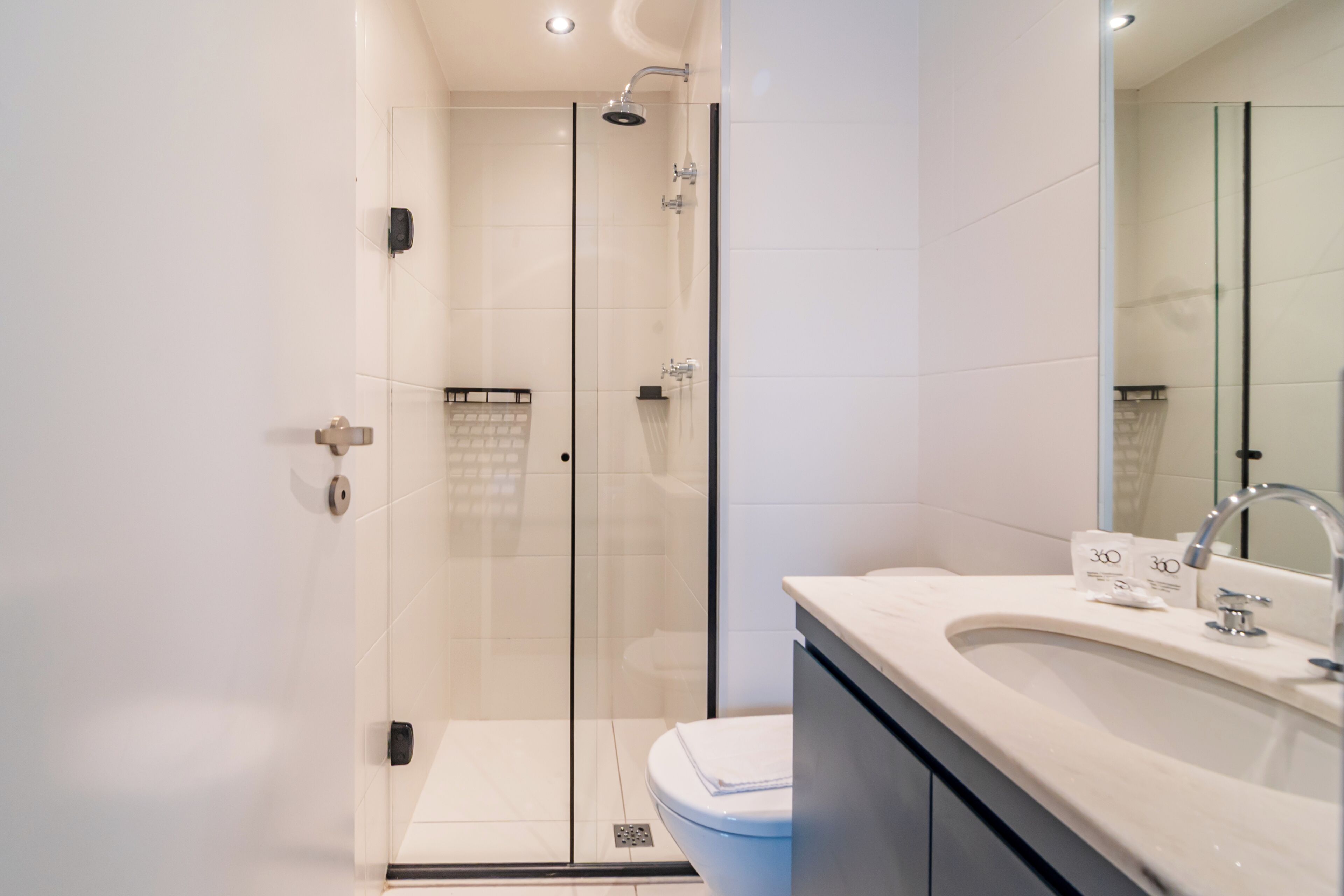 A modern bathroom with a glass shower enclosure, a white sink, and a large mirror.
