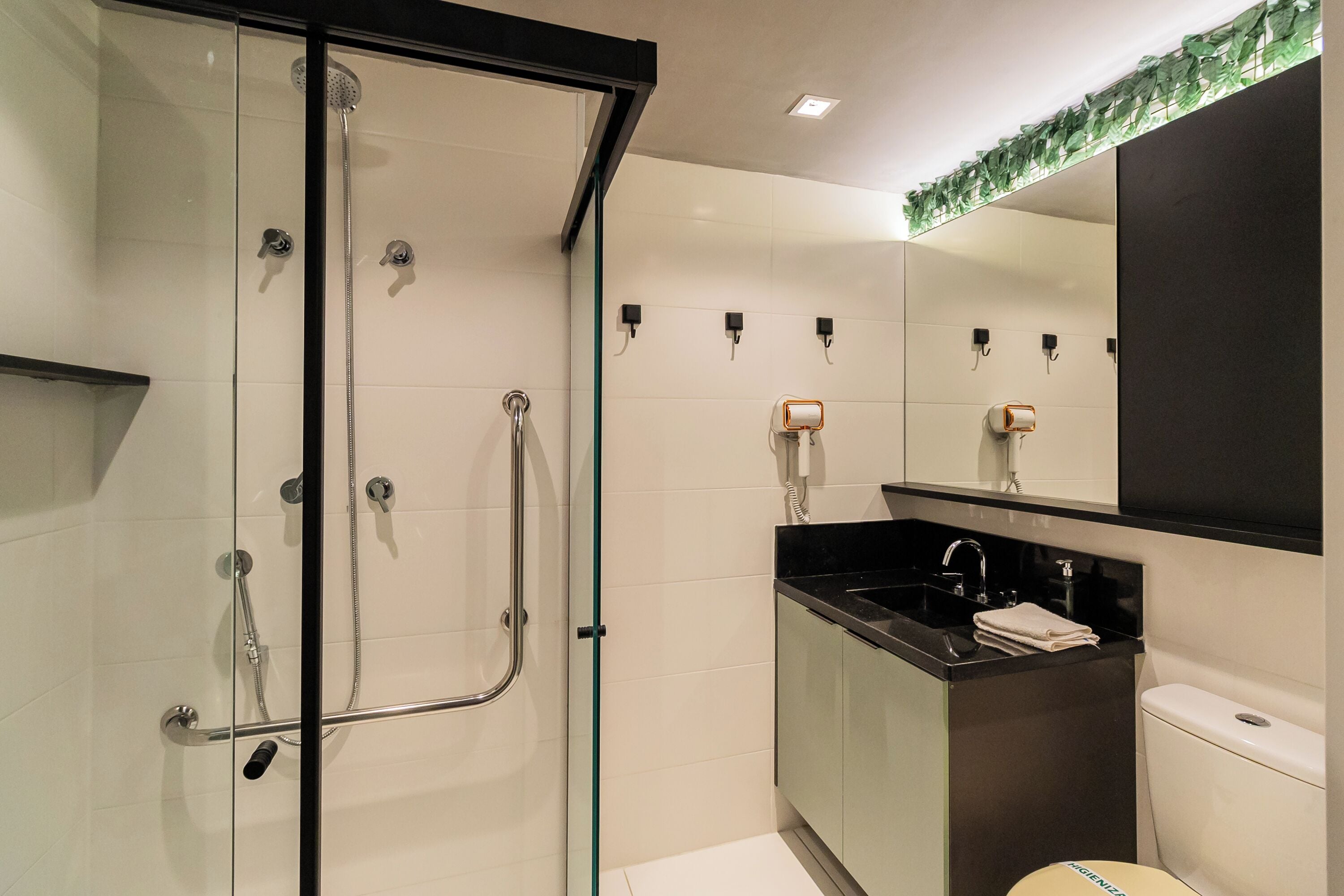 A modern bathroom with a glass-enclosed shower, a black sink, and a white toilet.