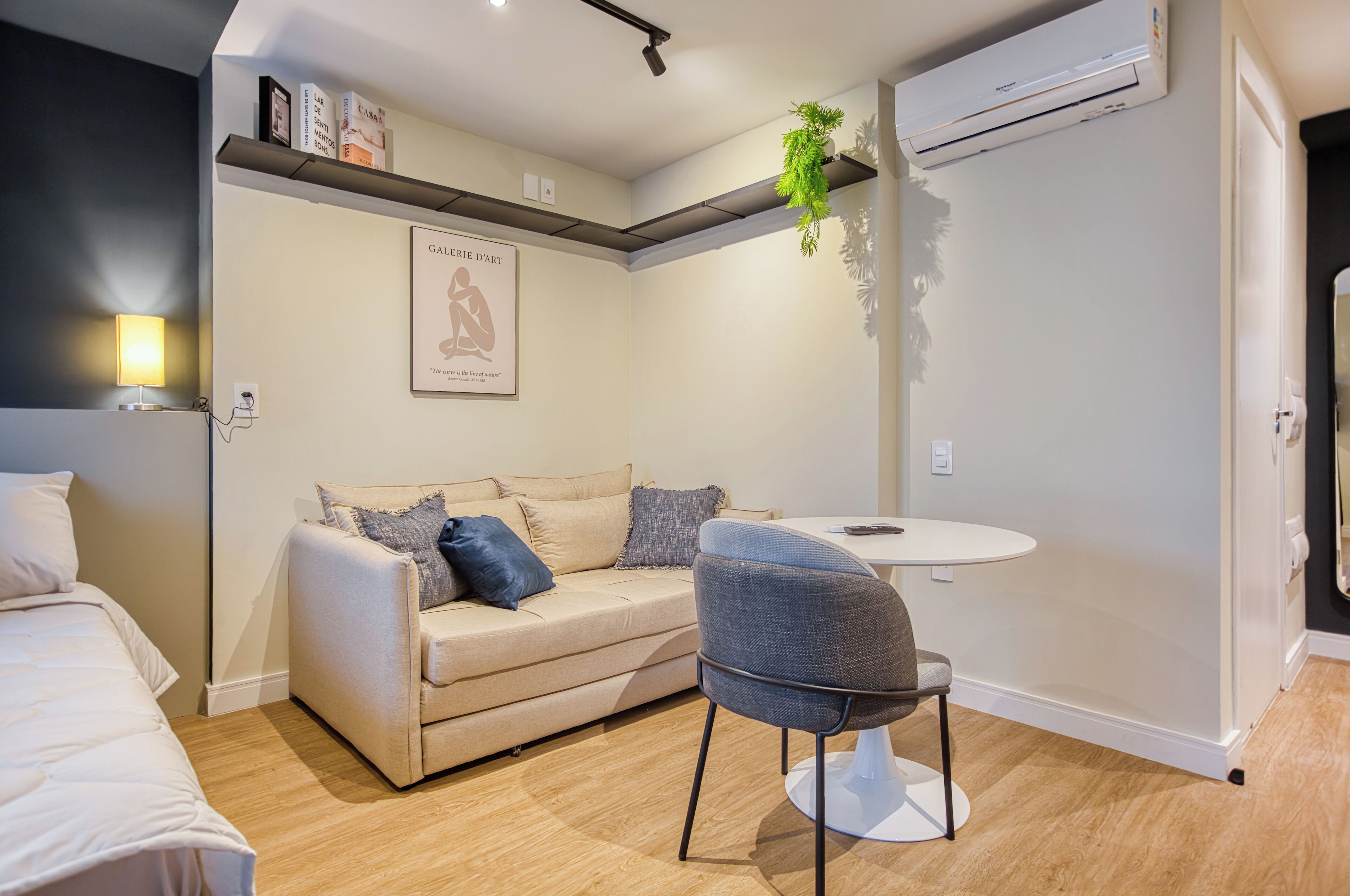A modern living room with a sofa, a round table, and a hanging plant.