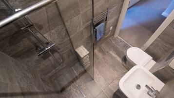 Shower, hair dryer, towels, toilet paper