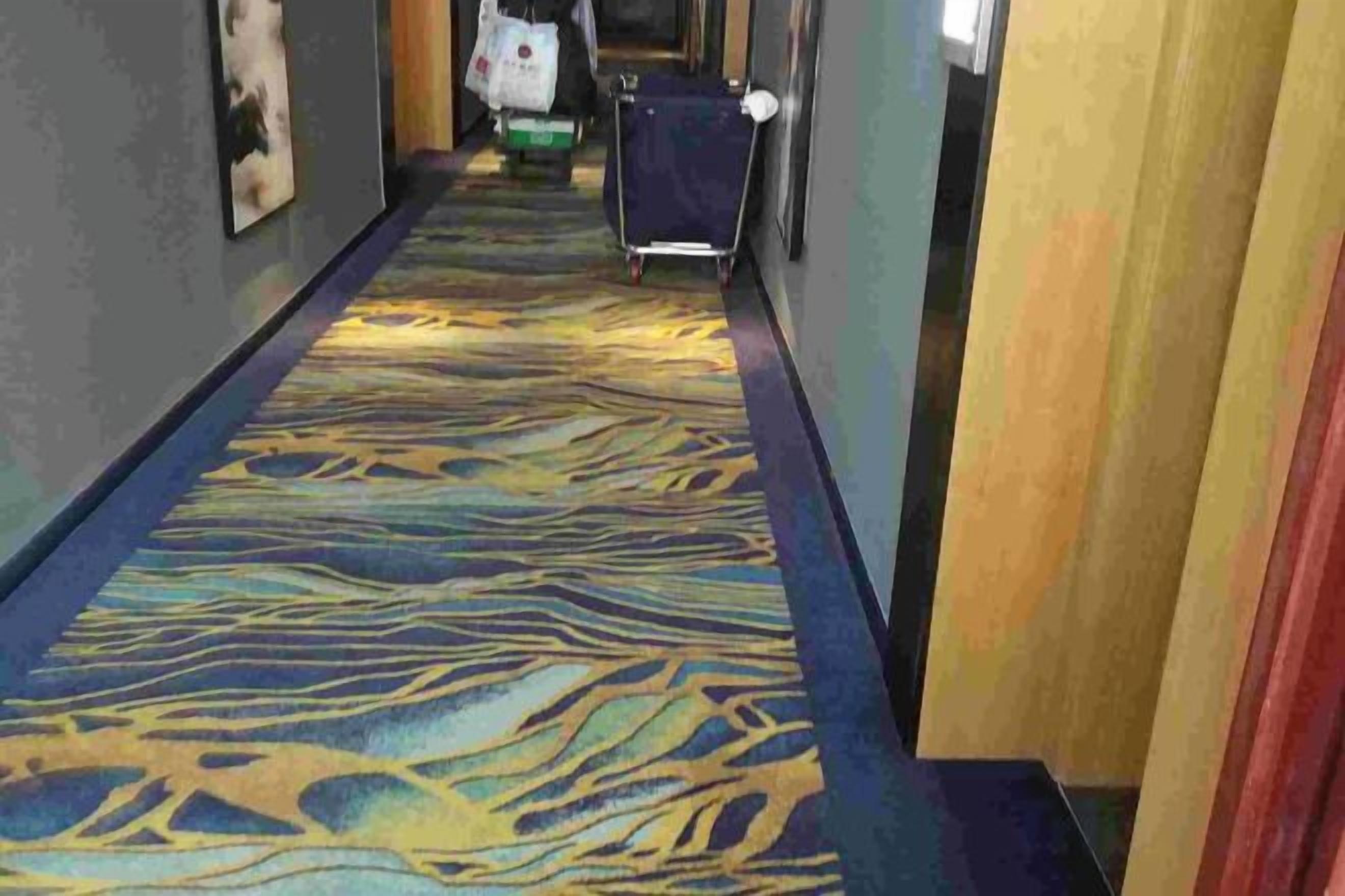 A hotel hallway with patterned carpet, a trash bin, and a luggage cart.