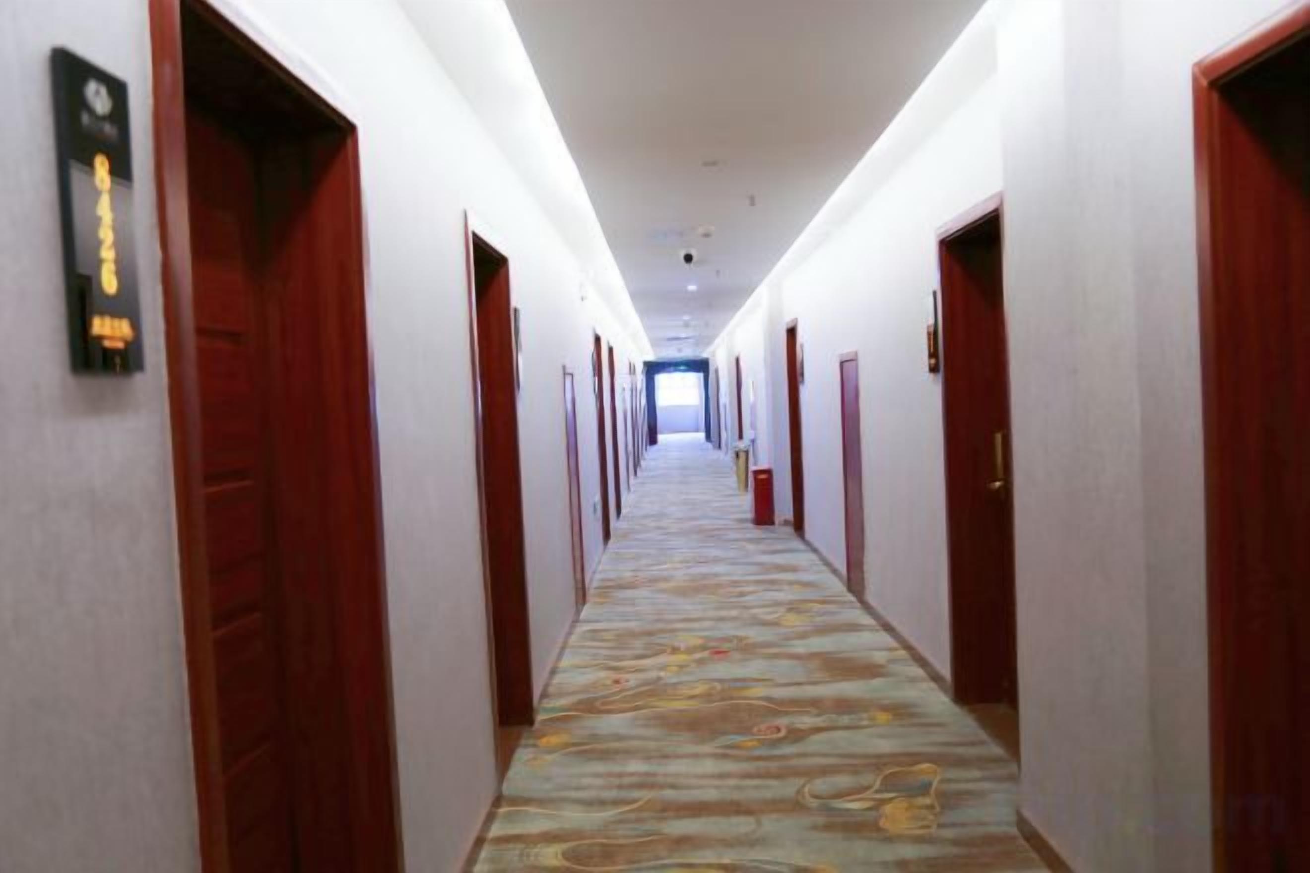 A hotel hallway with doors on both sides, a patterned carpet, and a light-colored ceiling.