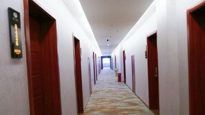 Un lungo e stretto corridoio d'albergo con porte su entrambi i lati e una moquette decorata.