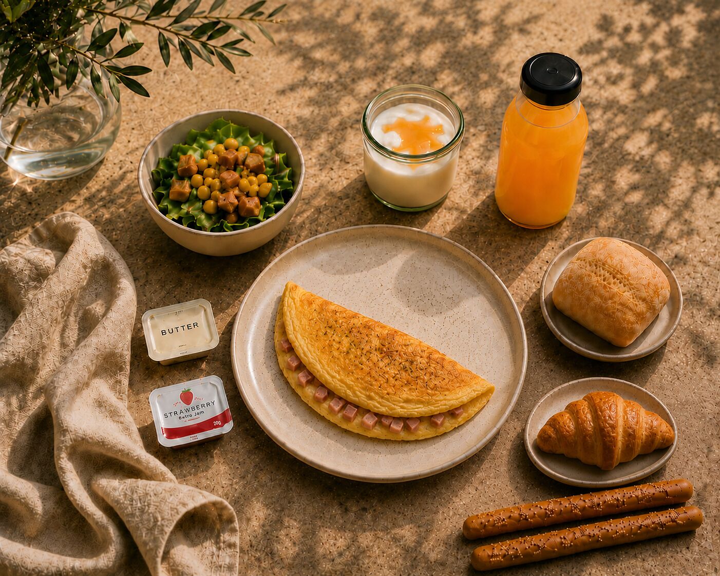 Una escena de desayuno con un plato de comida, un bol de ensalada, un vaso de leche, una botella de jugo, un croissant y dos salchichas.