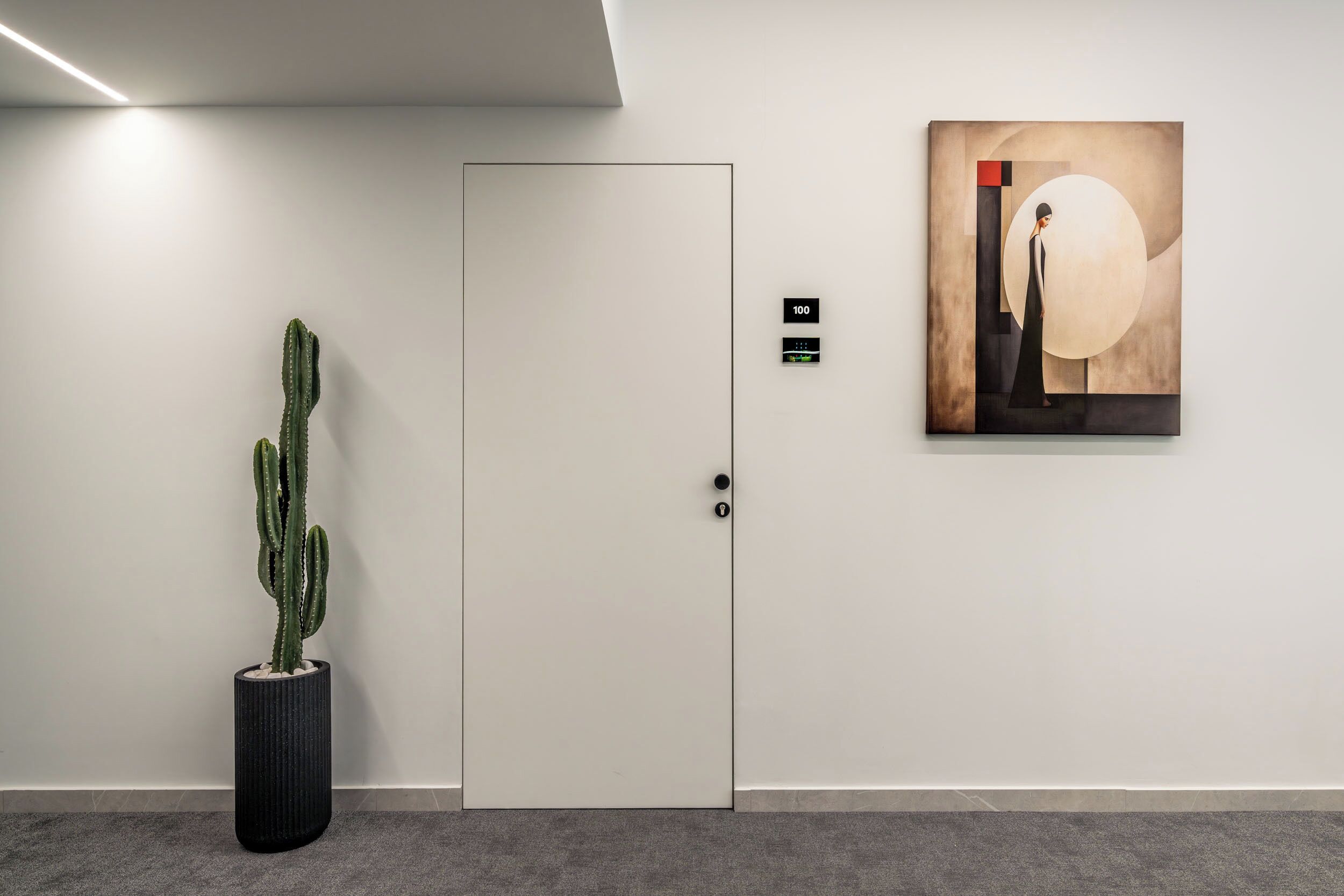A modern interior with a white door, a cactus plant, and a framed abstract artwork on the wall.