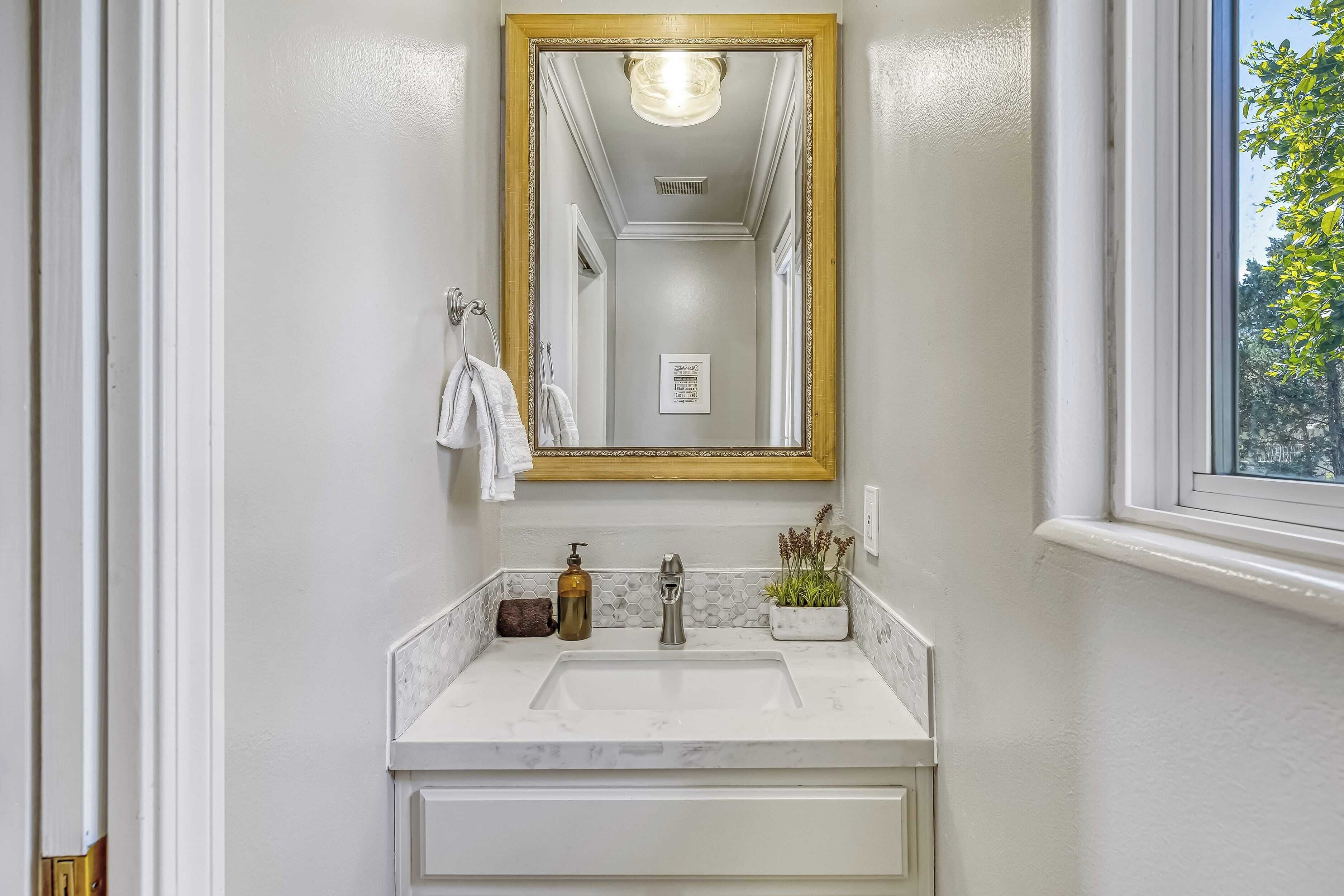 A bathroom with a white vanity, a gold-framed mirror, a sink, a towel rack, a soap dispenser, and a small potted plant.