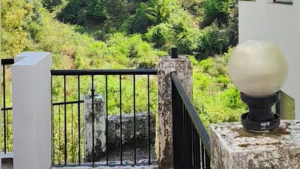 Un balcón con vista a una ladera boscosa.