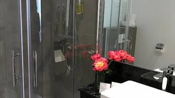 Shower, hair dryer, towels, soap