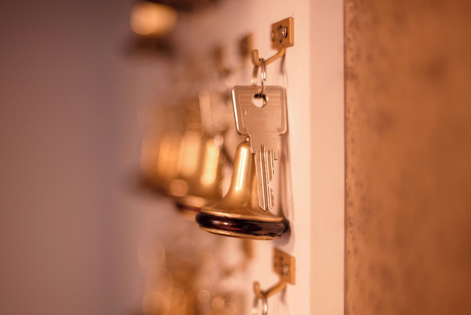 A row of brass door knockers on a wall.