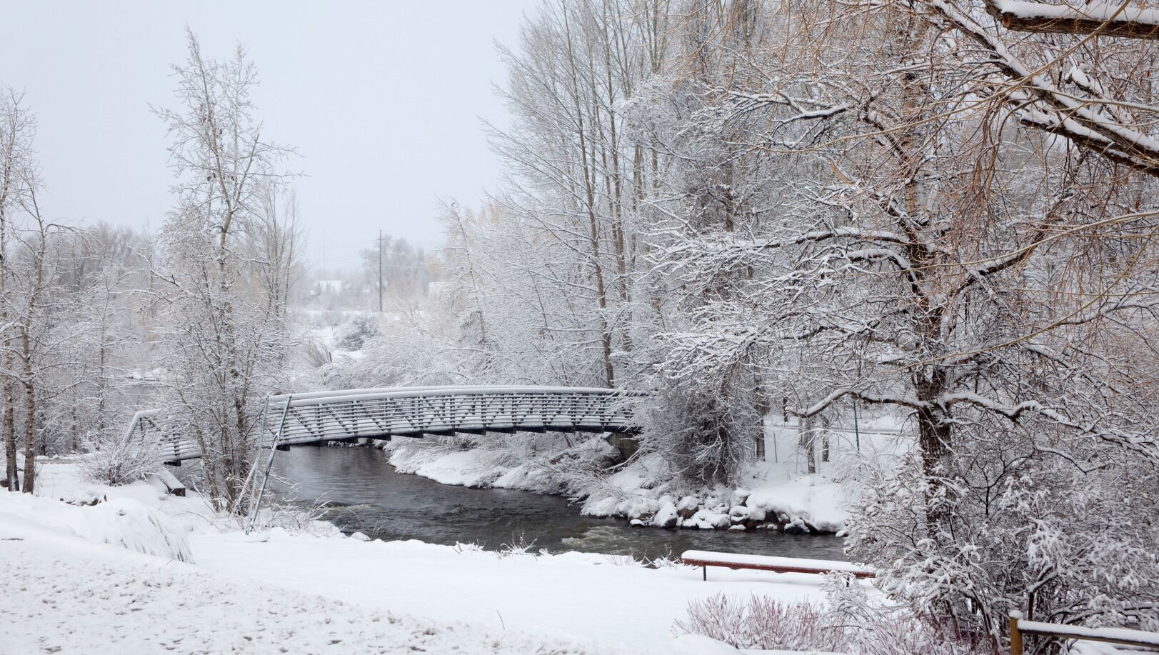 A snow-covered bridge over a river in a forested area.