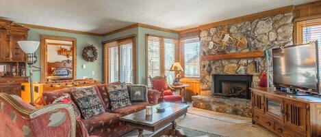 Smart TV, fireplace, foosball