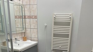 Een moderne badkamer met een douchecabine van glas, een witte wastafel en een ingebouwde heater.
