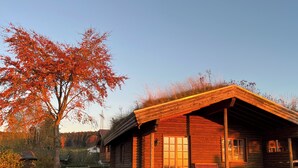 A log cabin with a sloped roof, a porch with a bench, and a large window. - VACATION HOUSE VACATION APARTMENT EIFEL-ARDENNEN LOG CABIN VIEBIGHAUS (Buchet)
