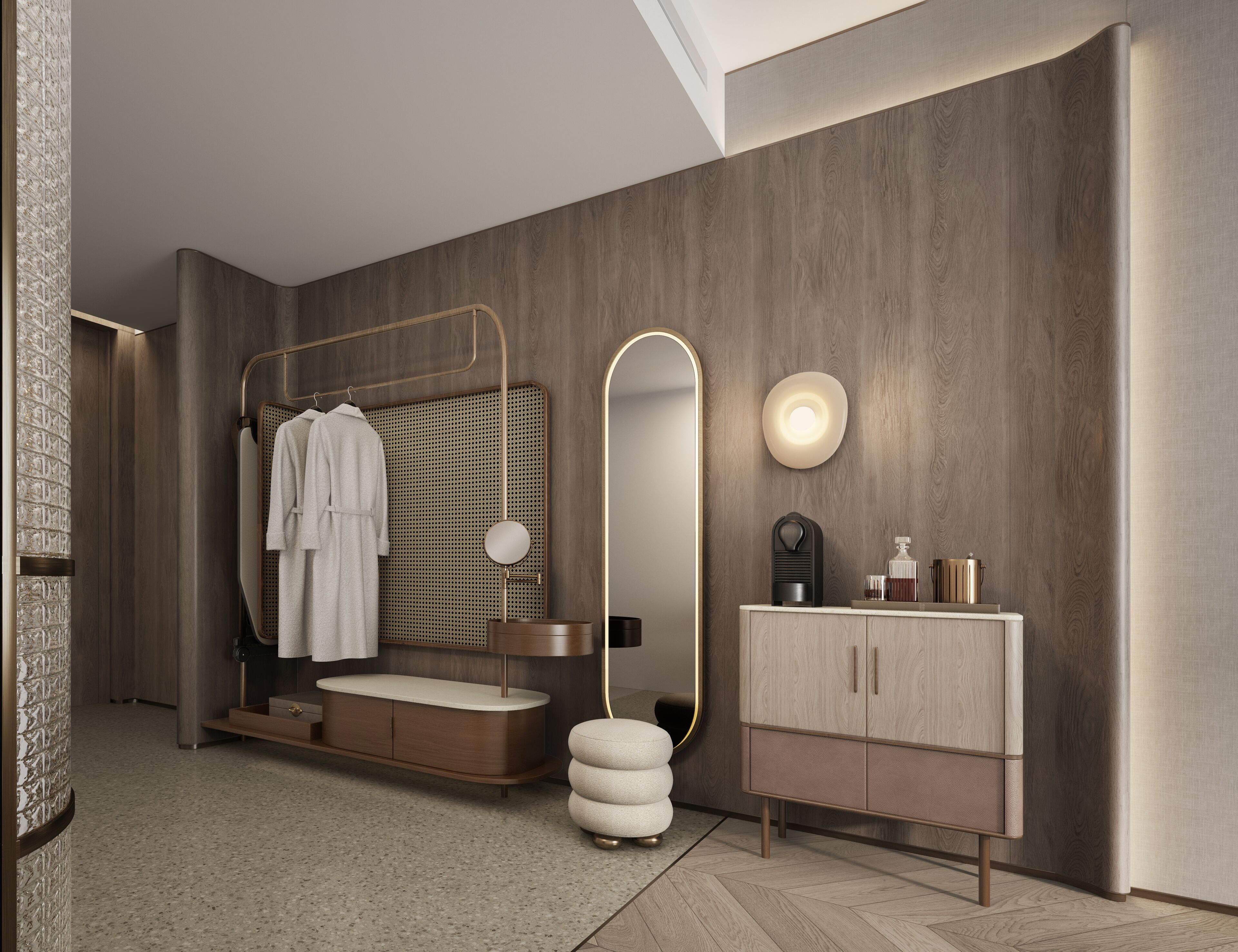 A modern bathroom with a wooden vanity, a round mirror, and a towel rack.