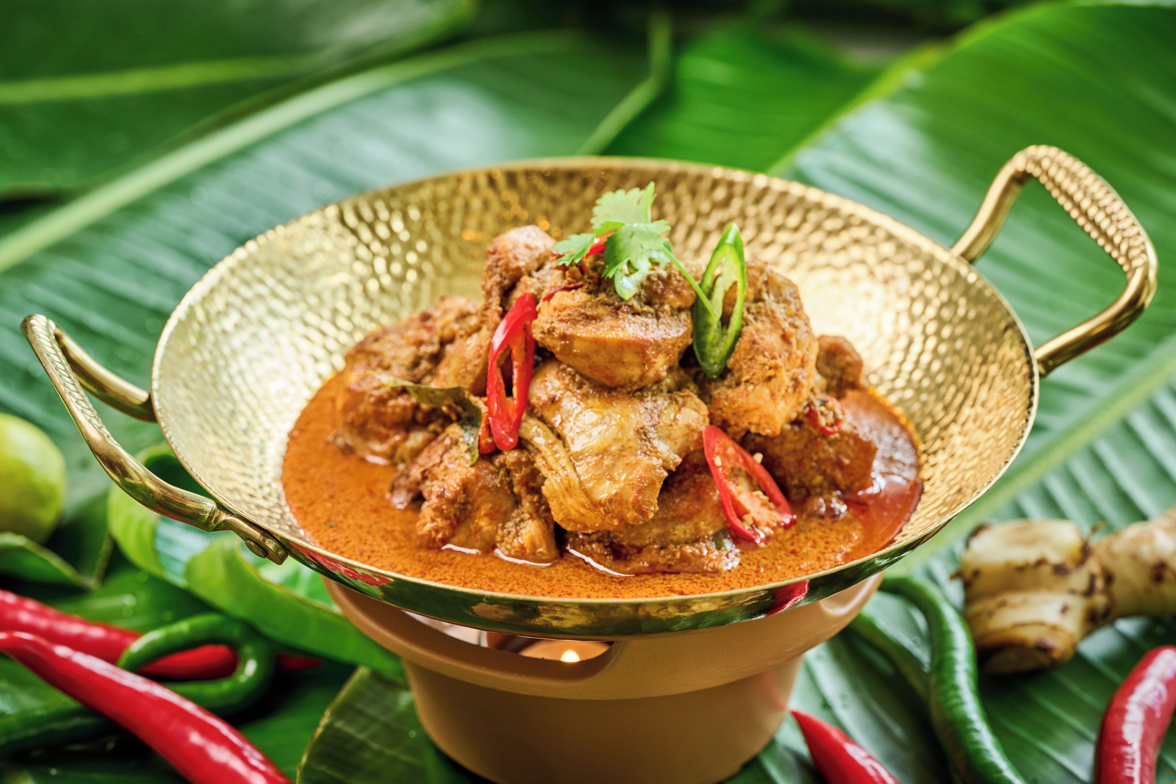A bowl of curry with chicken and red chili peppers, surrounded by green leaves and red chili peppers.