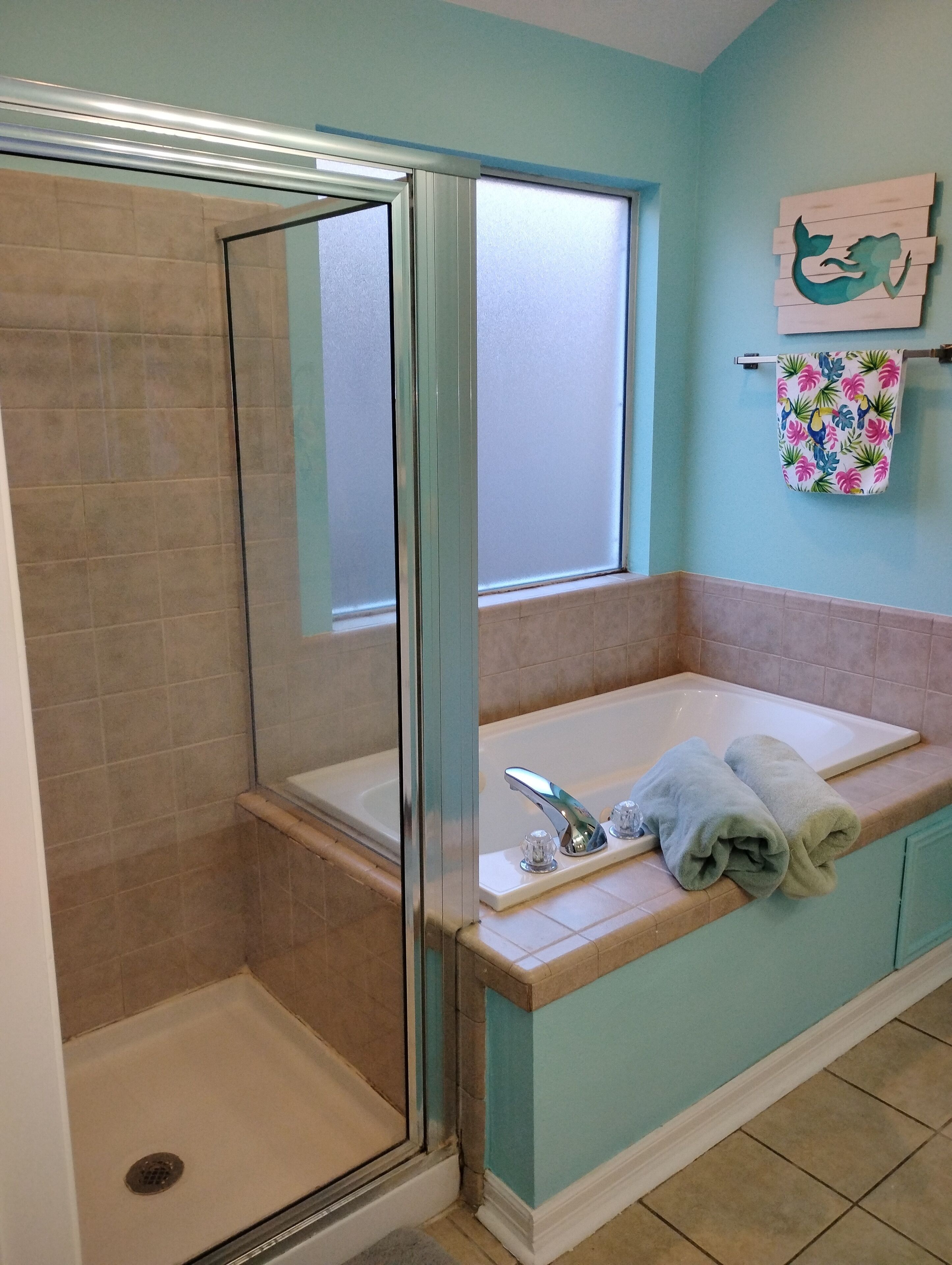 Shower, jetted bath, hair dryer, towels