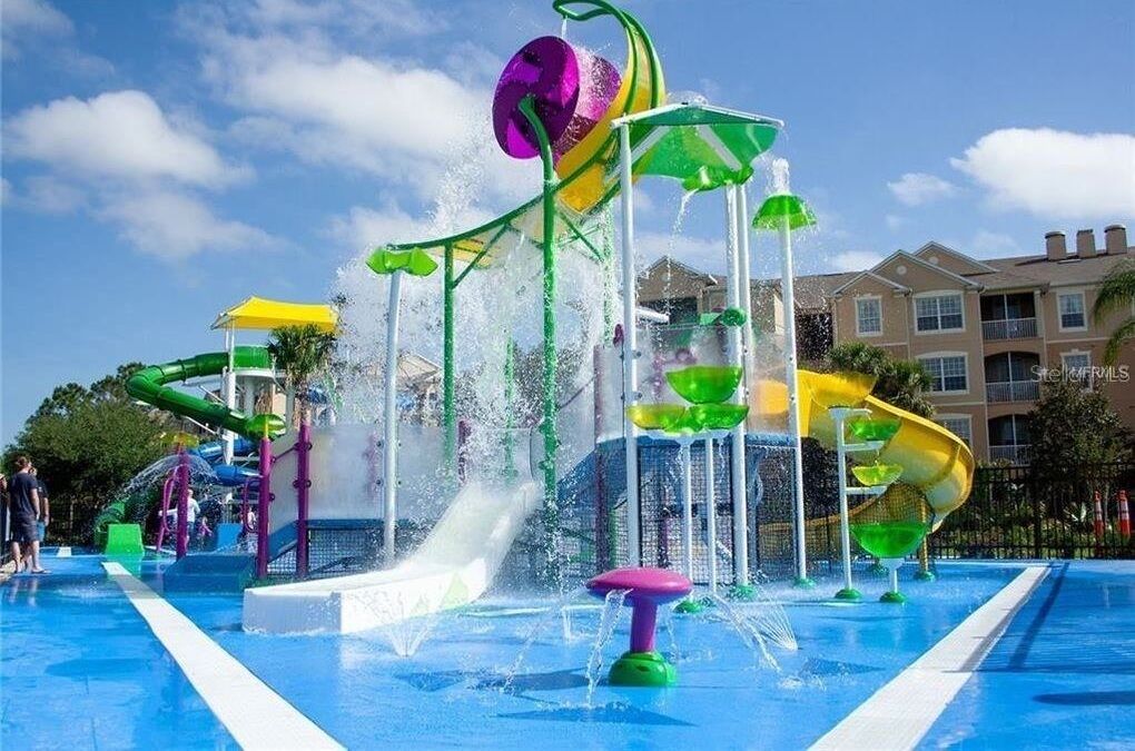 A water park with multiple slides and water features.