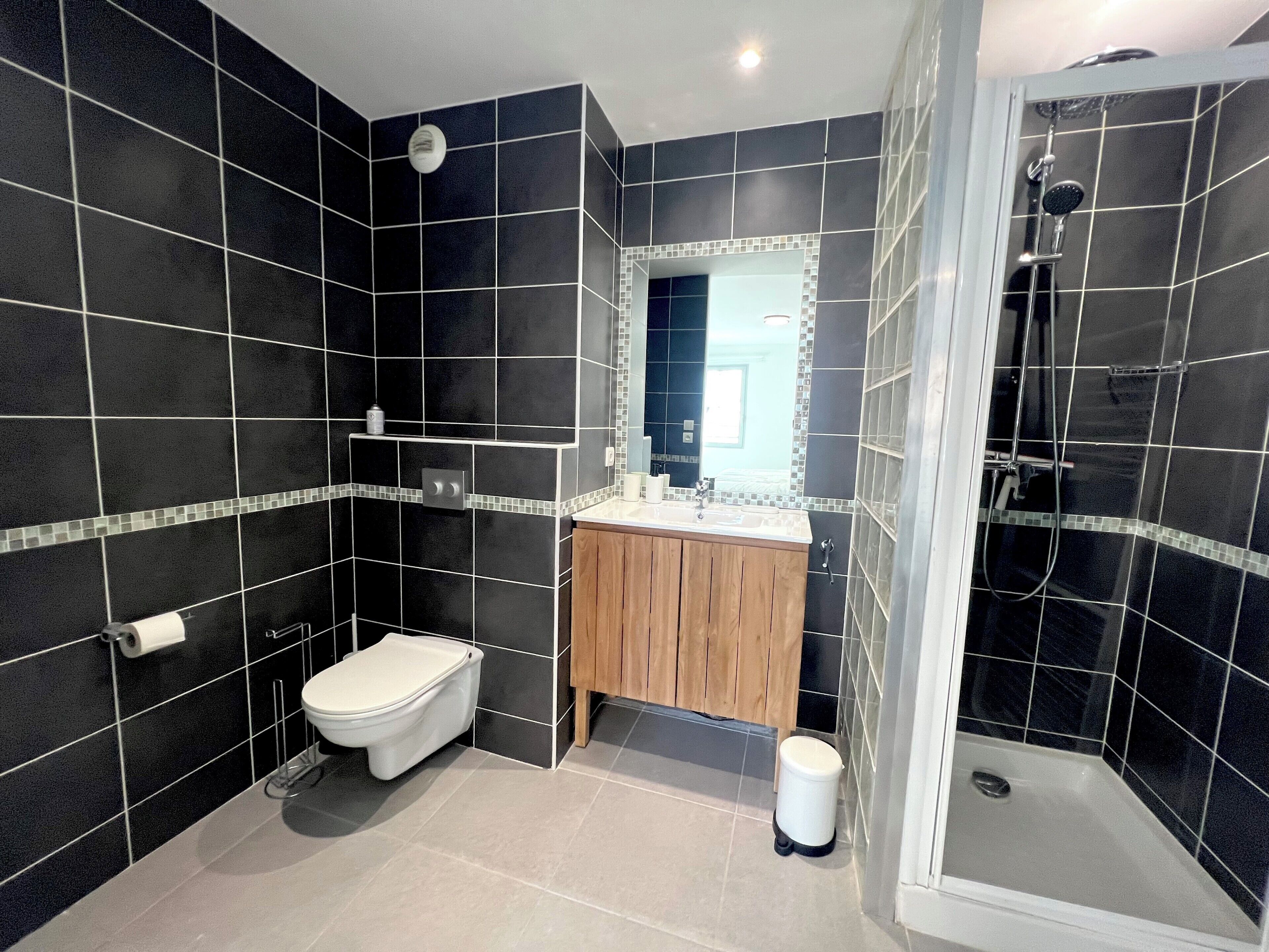 Une salle de bain moderne avec des carreaux noirs, un meuble-lavabo en bois, des toilettes blanches et une douche à parois de verre.