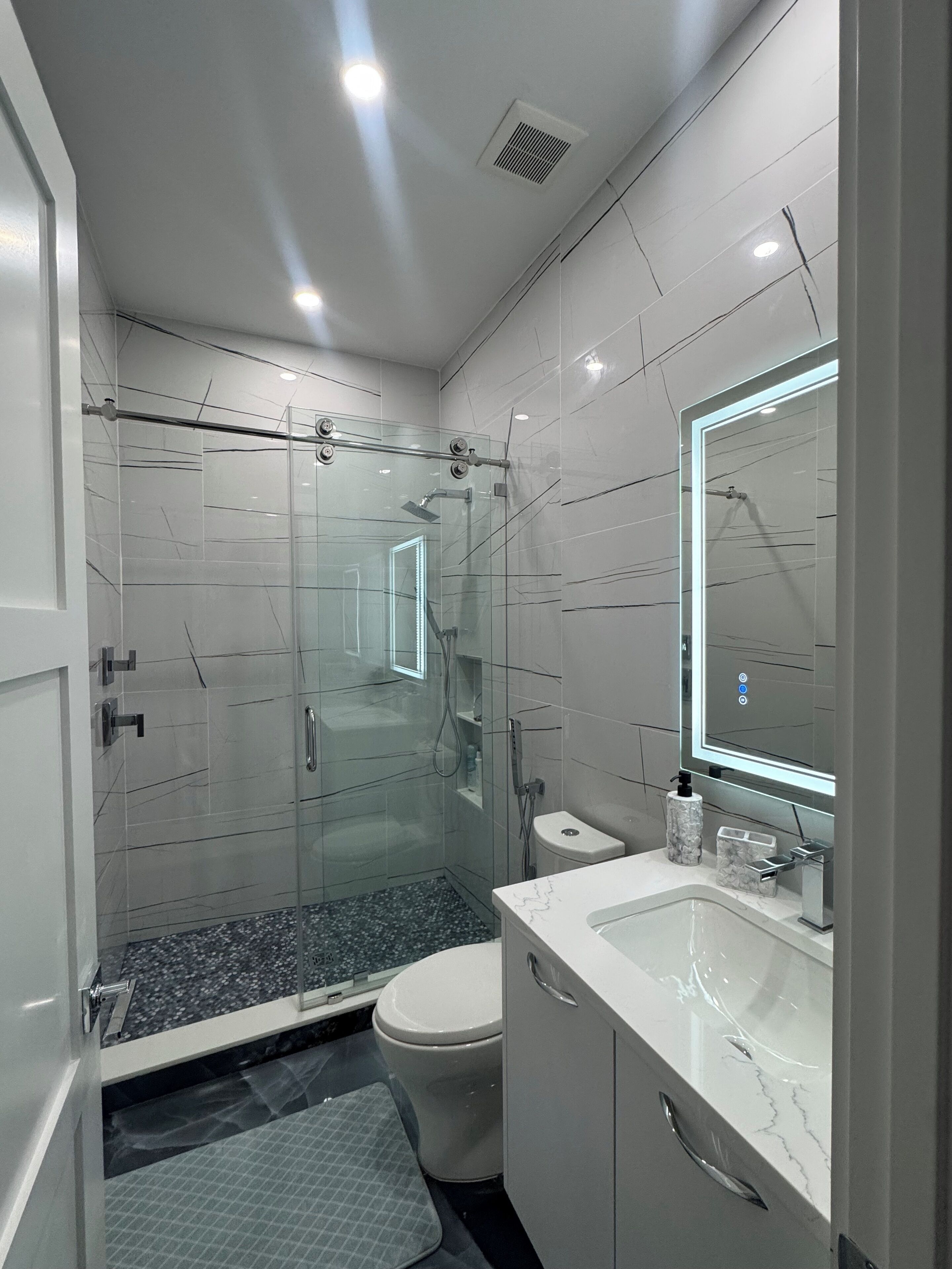 Shower, hair dryer, bidet, towels